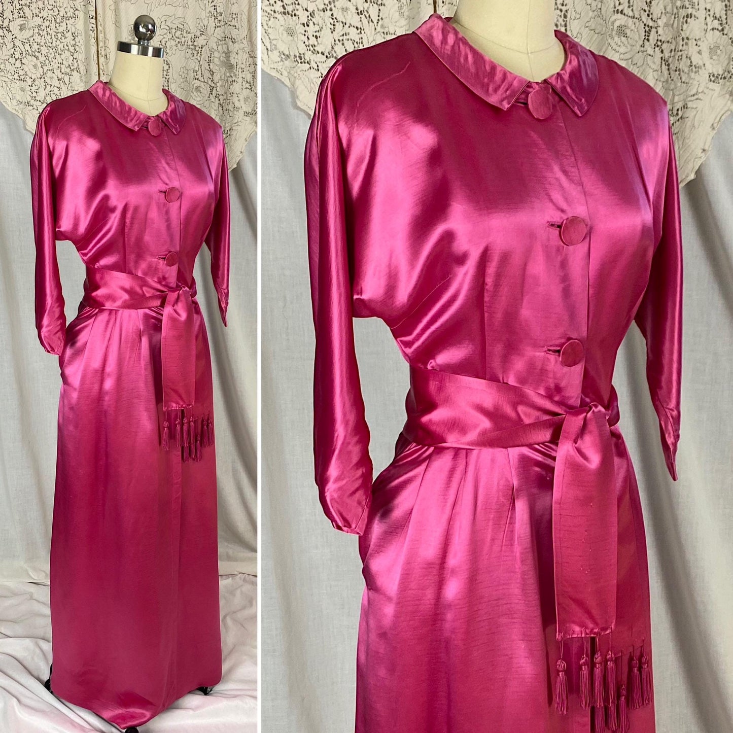 Vintage 1950's Hostess Dress | Hot Pink Rayon Satin with Tasseled Sash Tie | Size XS, S