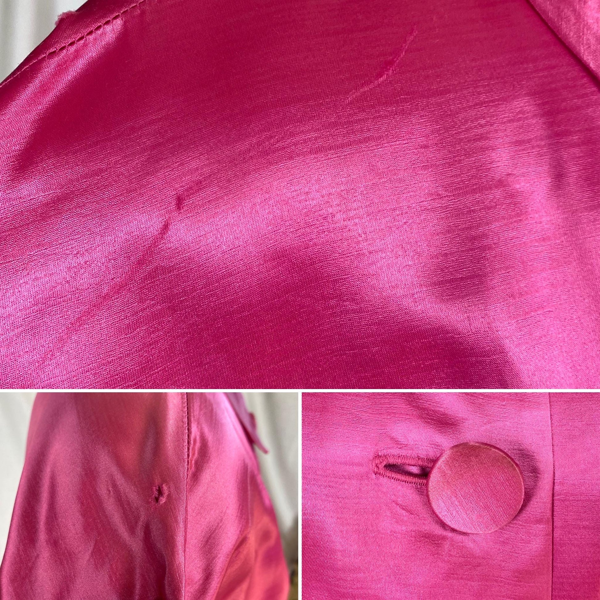 Vintage 1950's Hostess Dress | Hot Pink Rayon Satin with Tasseled Sash Tie | Size XS, S