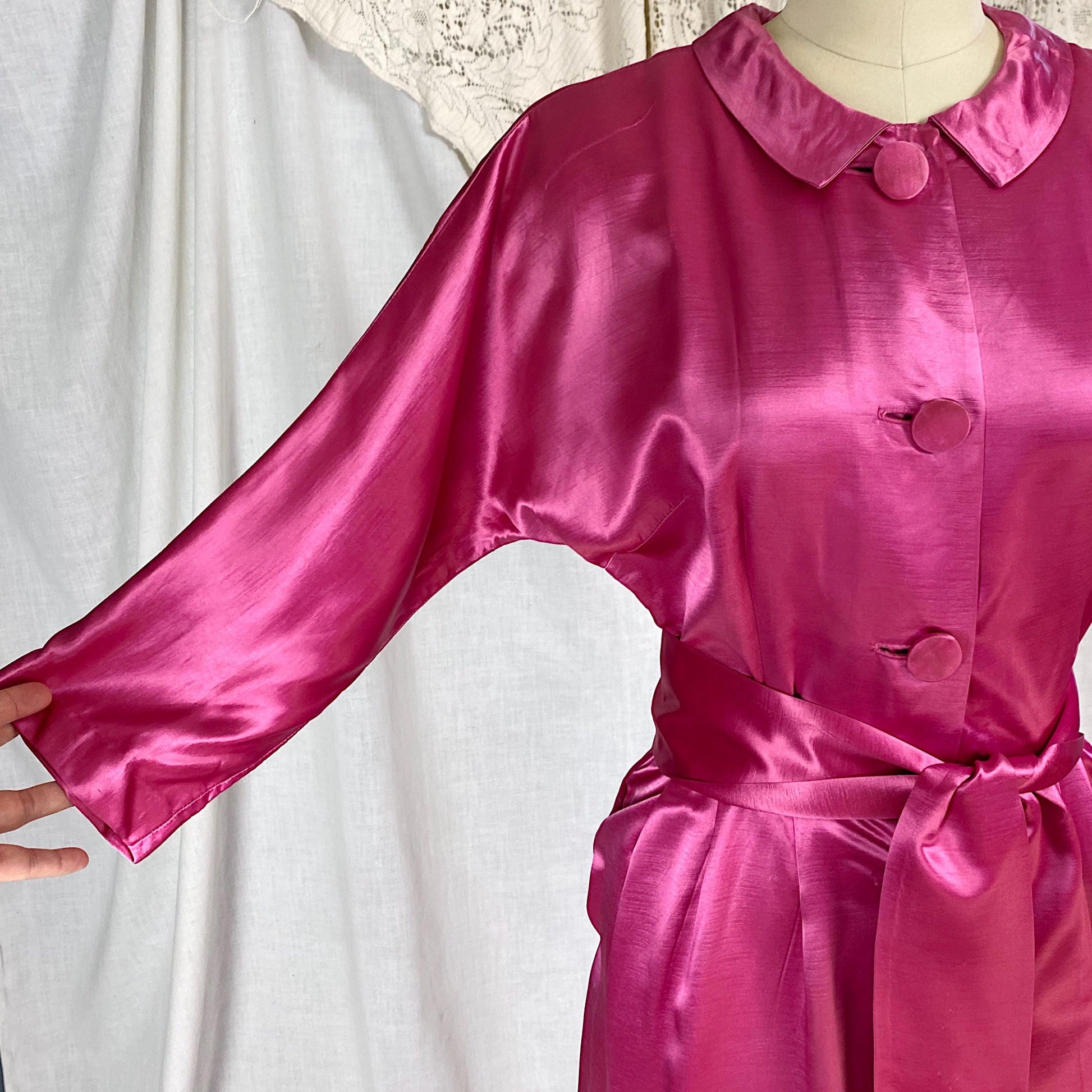 Vintage 1950's Hostess Dress | Hot Pink Rayon Satin with Tasseled Sash Tie | Size XS, S