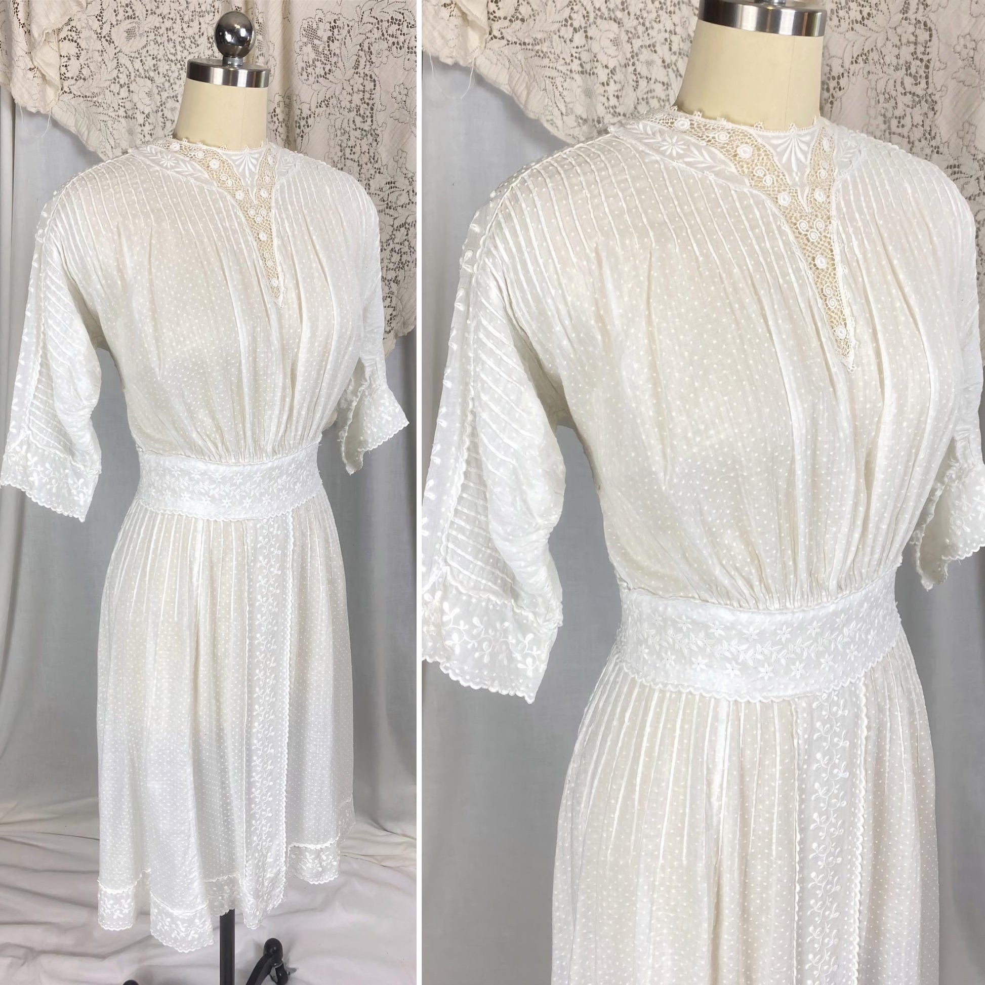 1910's Edwardian Tea Dress | Heavily Embroidered White Cotton Lawn with Crocheted Buttons & Lace Detail | Size S