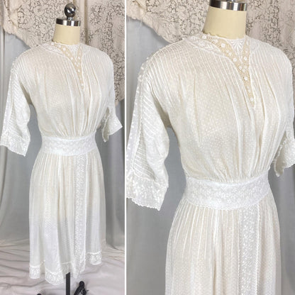 1910's Edwardian Tea Dress | Heavily Embroidered White Cotton Lawn with Crocheted Buttons & Lace Detail | Size S