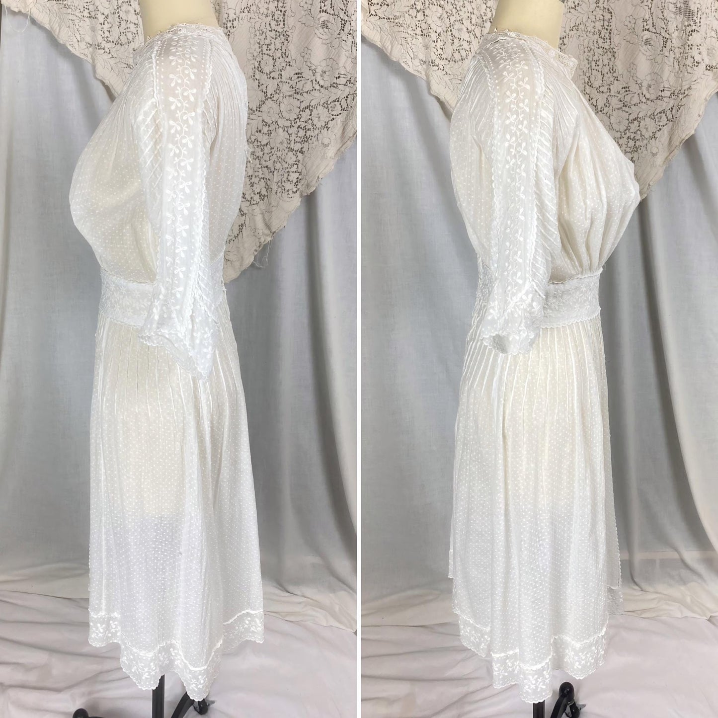 1910's Edwardian Tea Dress | Heavily Embroidered White Cotton Lawn with Crocheted Buttons & Lace Detail | Size S