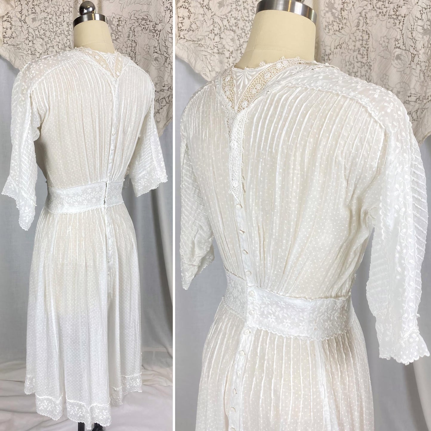 1910's Edwardian Tea Dress | Heavily Embroidered White Cotton Lawn with Crocheted Buttons & Lace Detail | Size S