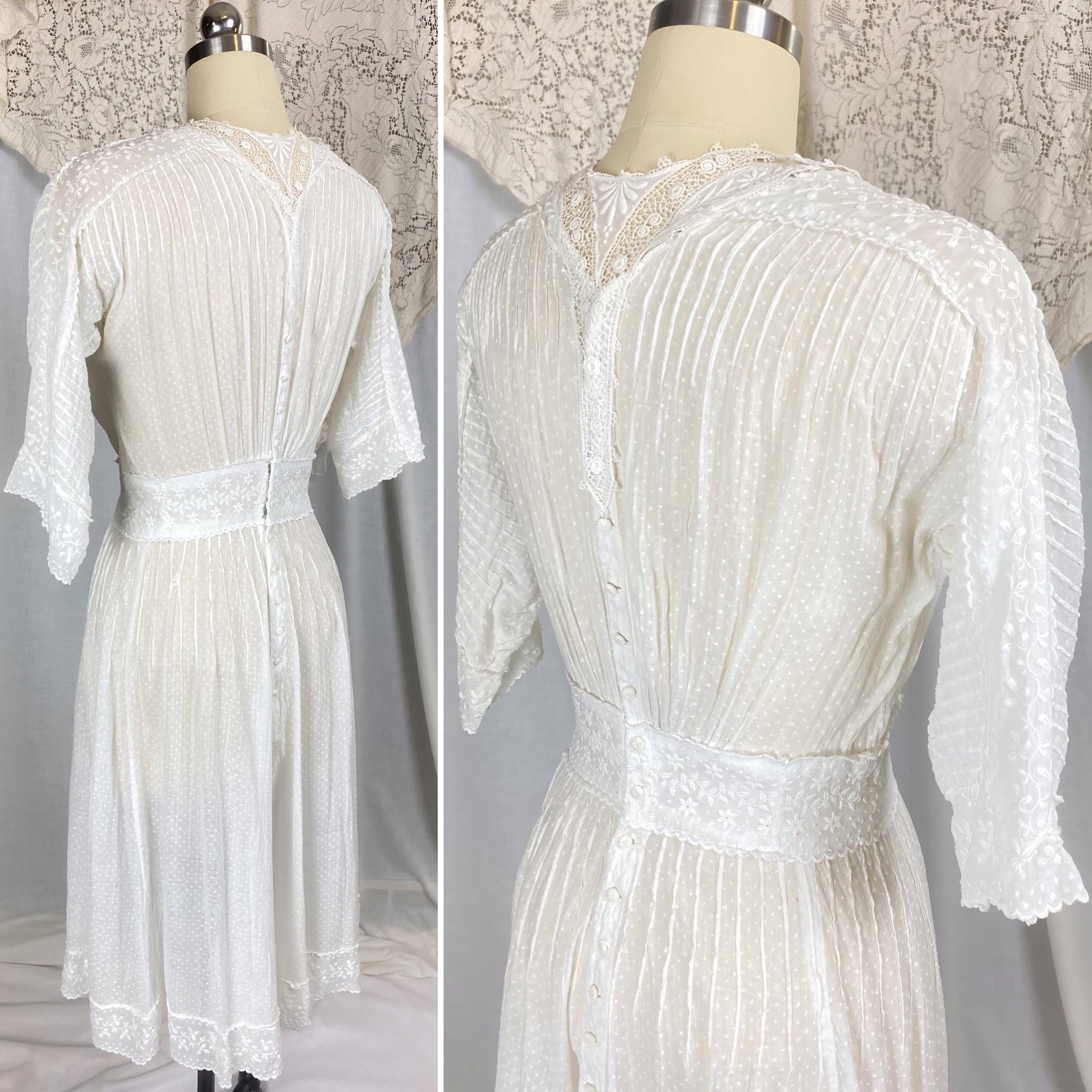 1910's Edwardian Tea Dress | Heavily Embroidered White Cotton Lawn with Crocheted Buttons & Lace Detail | Size S
