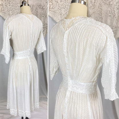 1910's Edwardian Tea Dress | Heavily Embroidered White Cotton Lawn with Crocheted Buttons & Lace Detail | Size S