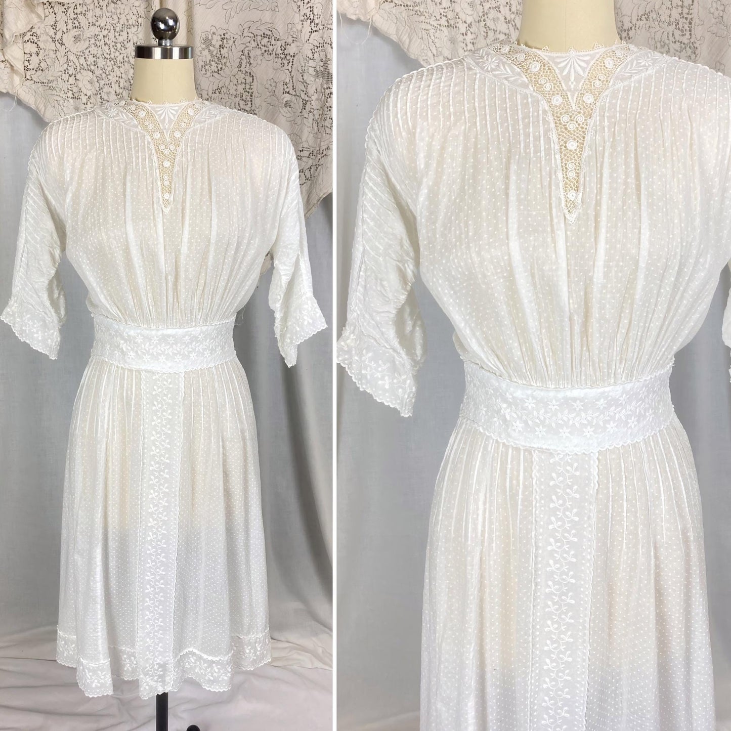 1910's Edwardian Tea Dress | Heavily Embroidered White Cotton Lawn with Crocheted Buttons & Lace Detail | Size S