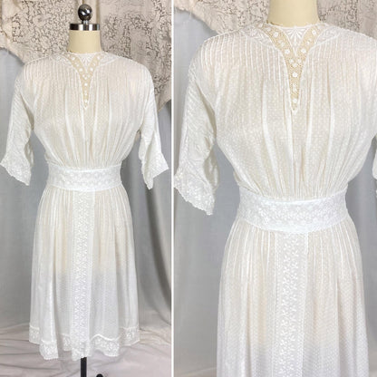 1910's Edwardian Tea Dress | Heavily Embroidered White Cotton Lawn with Crocheted Buttons & Lace Detail | Size S