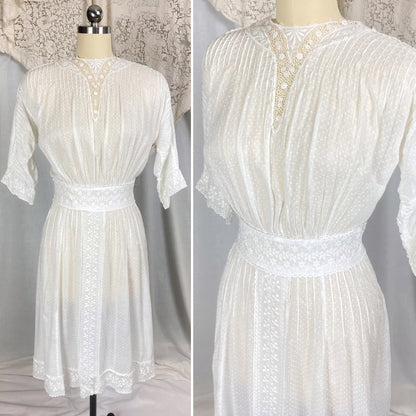 Antique Edwardian embroidered cotton lawn tea dress with lace and crocheted buttons size small