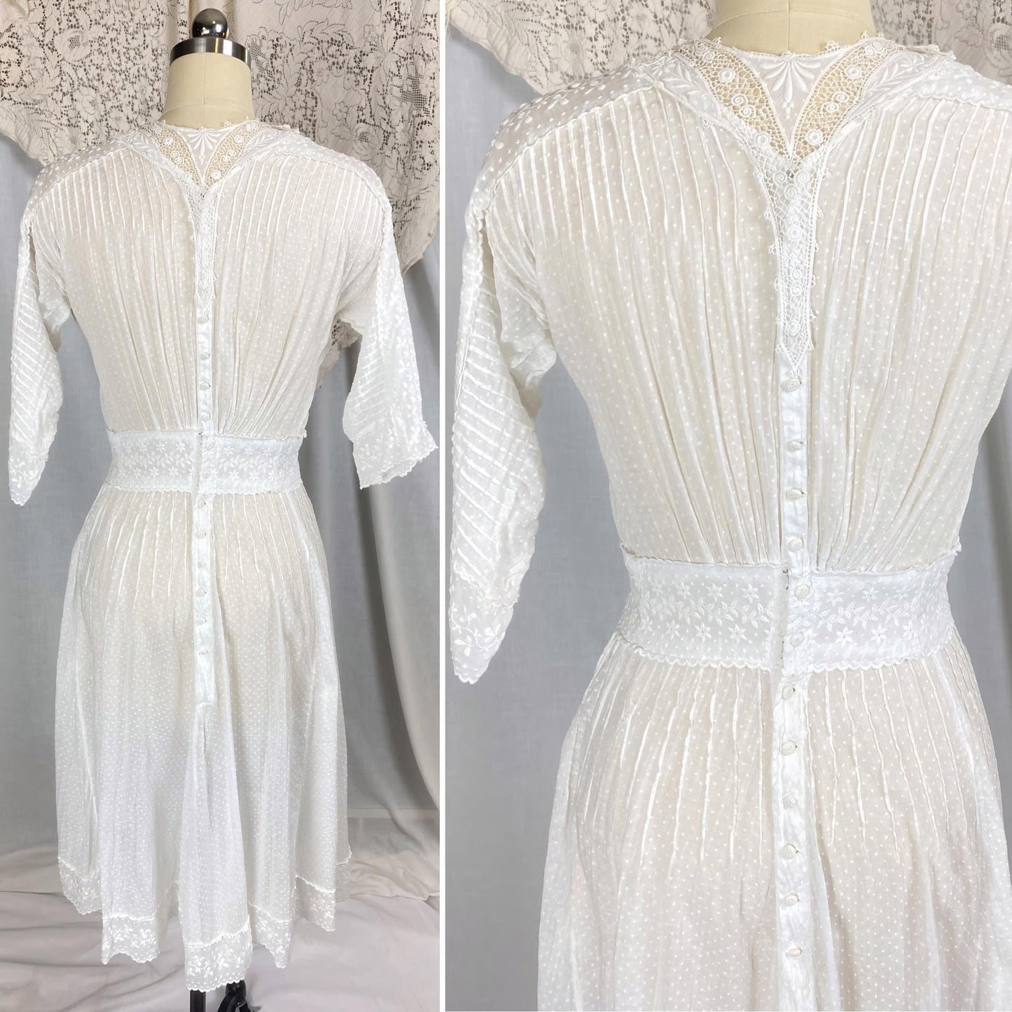 1910's Edwardian Tea Dress | Heavily Embroidered White Cotton Lawn with Crocheted Buttons & Lace Detail | Size S