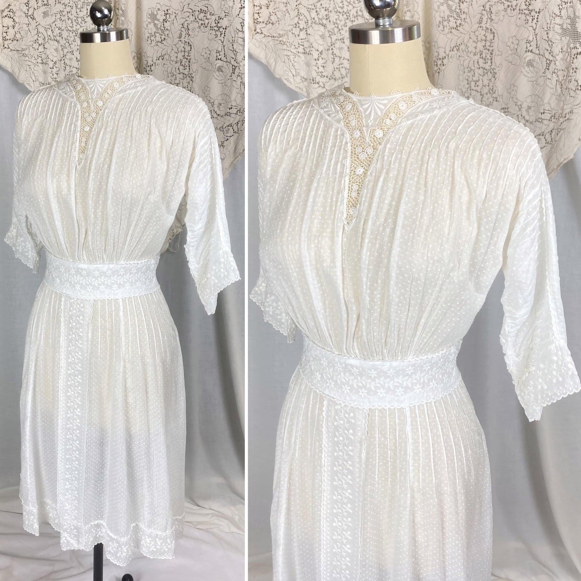 1910's Edwardian Tea Dress | Heavily Embroidered White Cotton Lawn with Crocheted Buttons & Lace Detail | Size S