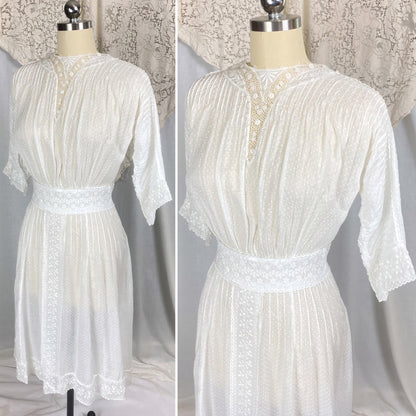 1910's Edwardian Tea Dress | Heavily Embroidered White Cotton Lawn with Crocheted Buttons & Lace Detail | Size S