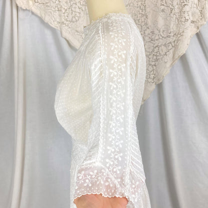 1910's Edwardian Tea Dress | Heavily Embroidered White Cotton Lawn with Crocheted Buttons & Lace Detail | Size S