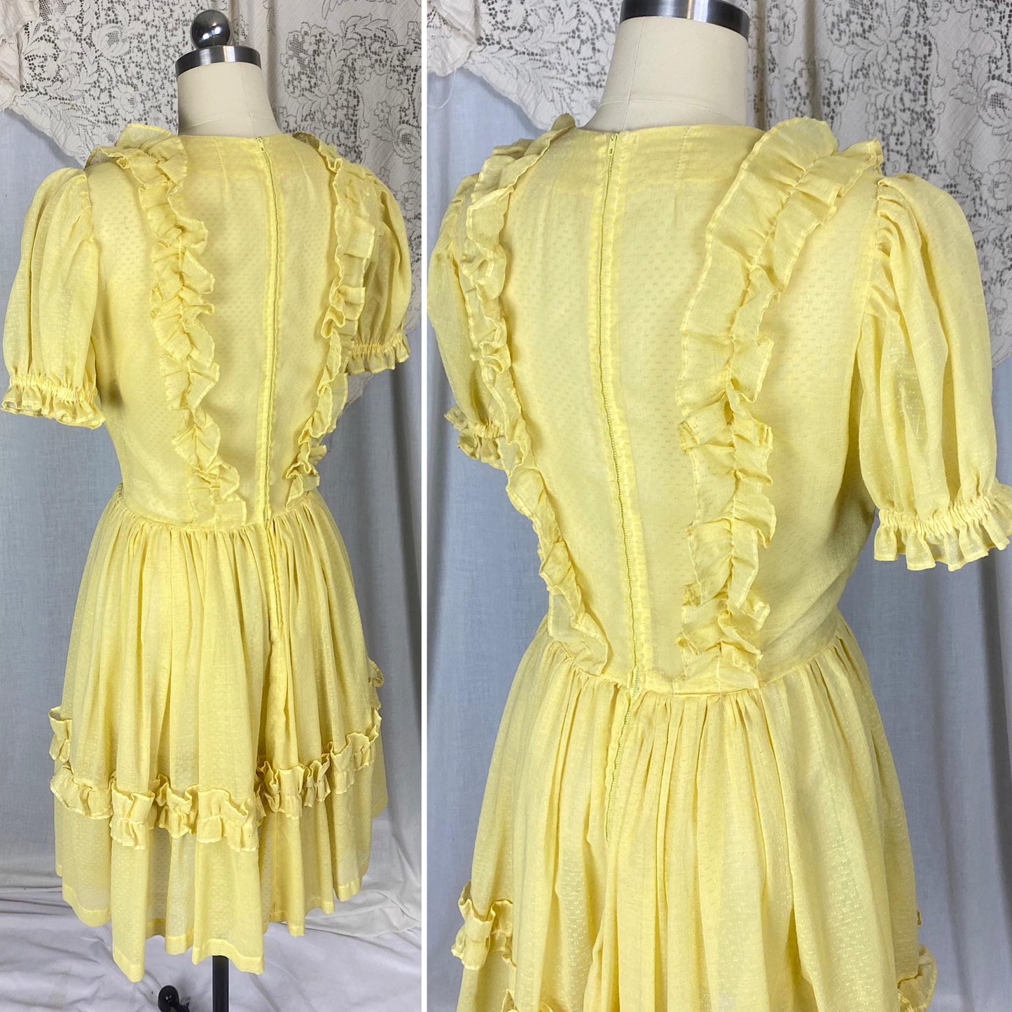 Vintage 1950's Dress | Semi-Sheer Pale Lemon Yellow with White Swiss Dots & Ruffles | Size LG
