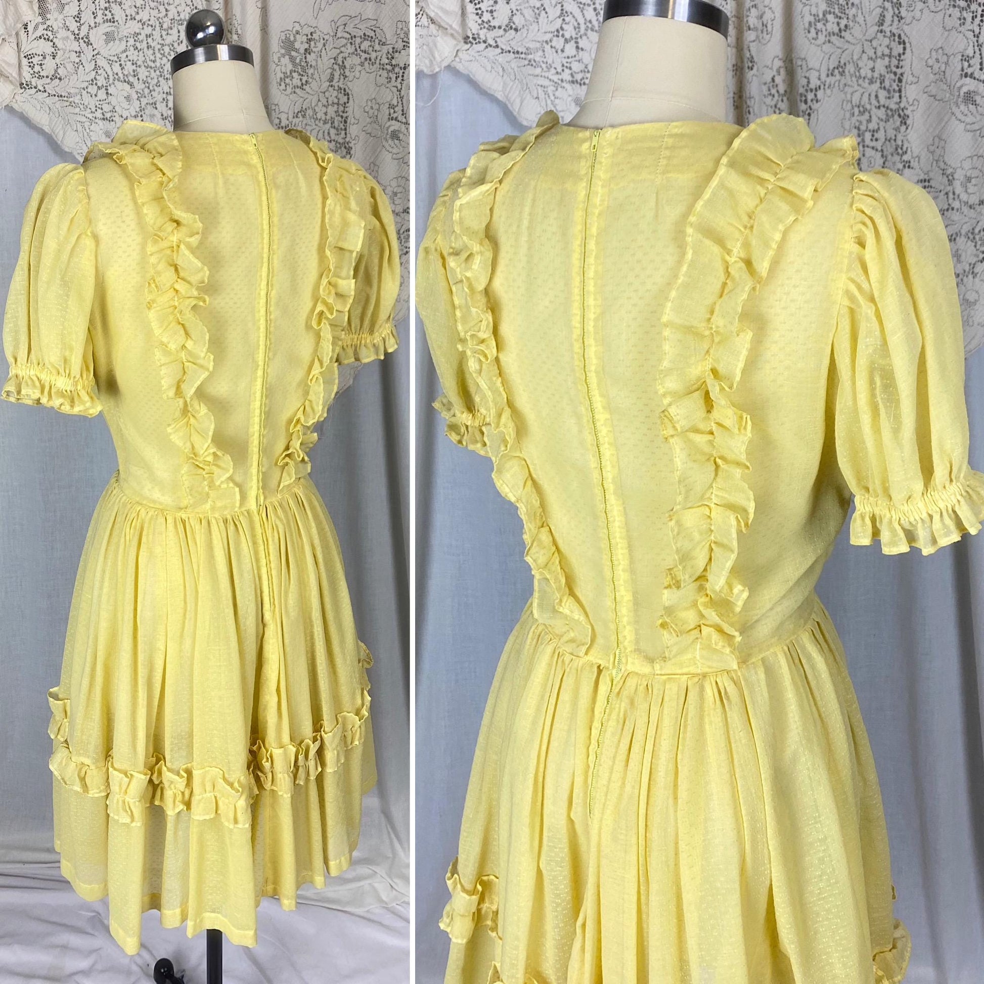 Vintage 1950's Dress | Semi-Sheer Pale Lemon Yellow with White Swiss Dots & Ruffles | Size LG