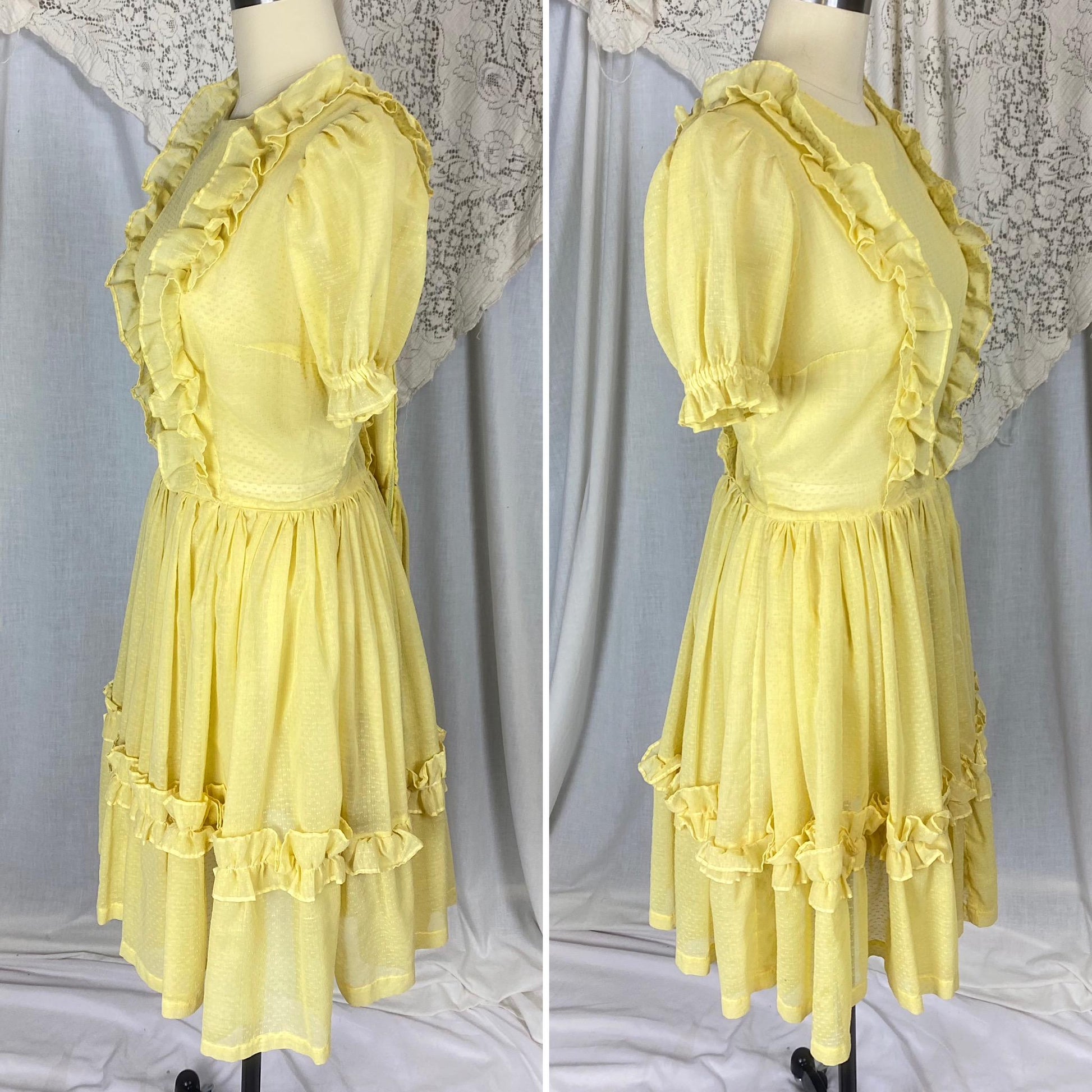 Vintage 1950's Dress | Semi-Sheer Pale Lemon Yellow with White Swiss Dots & Ruffles | Size LG