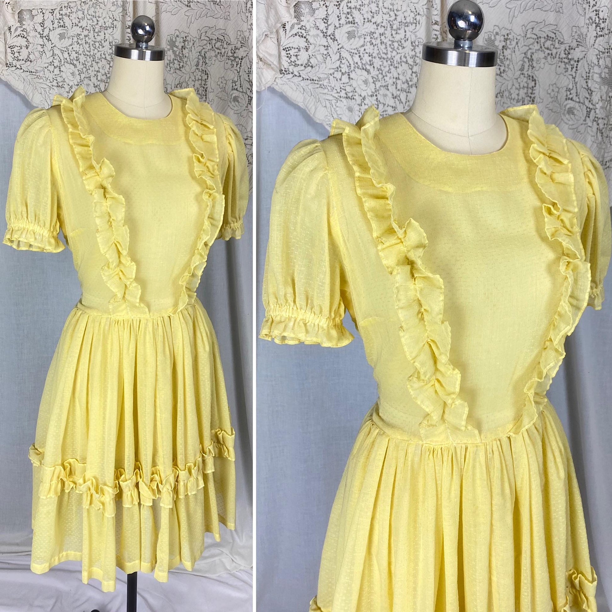 Vintage 1950's Dress | Semi-Sheer Pale Lemon Yellow with White Swiss Dots & Ruffles | Size LG