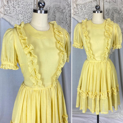 Vintage 1950's Dress | Semi-Sheer Pale Lemon Yellow with White Swiss Dots & Ruffles | Size LG