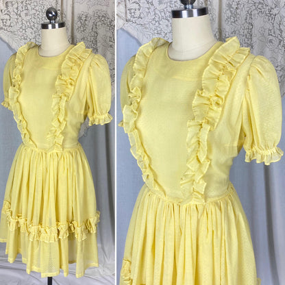Vintage 1950's Dress | Semi-Sheer Pale Lemon Yellow with White Swiss Dots & Ruffles | Size LG