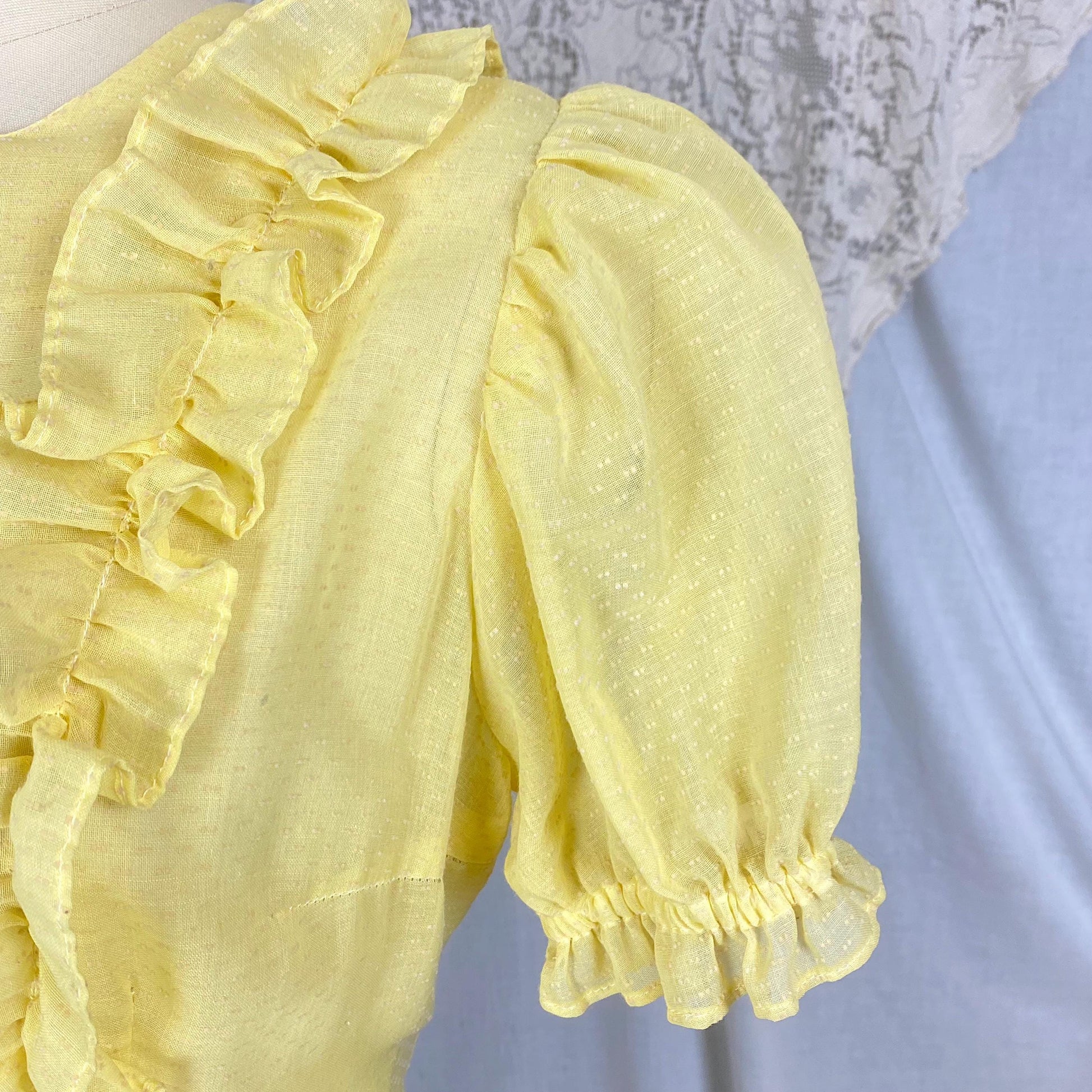 Vintage 1950's Dress | Semi-Sheer Pale Lemon Yellow with White Swiss Dots & Ruffles | Size LG