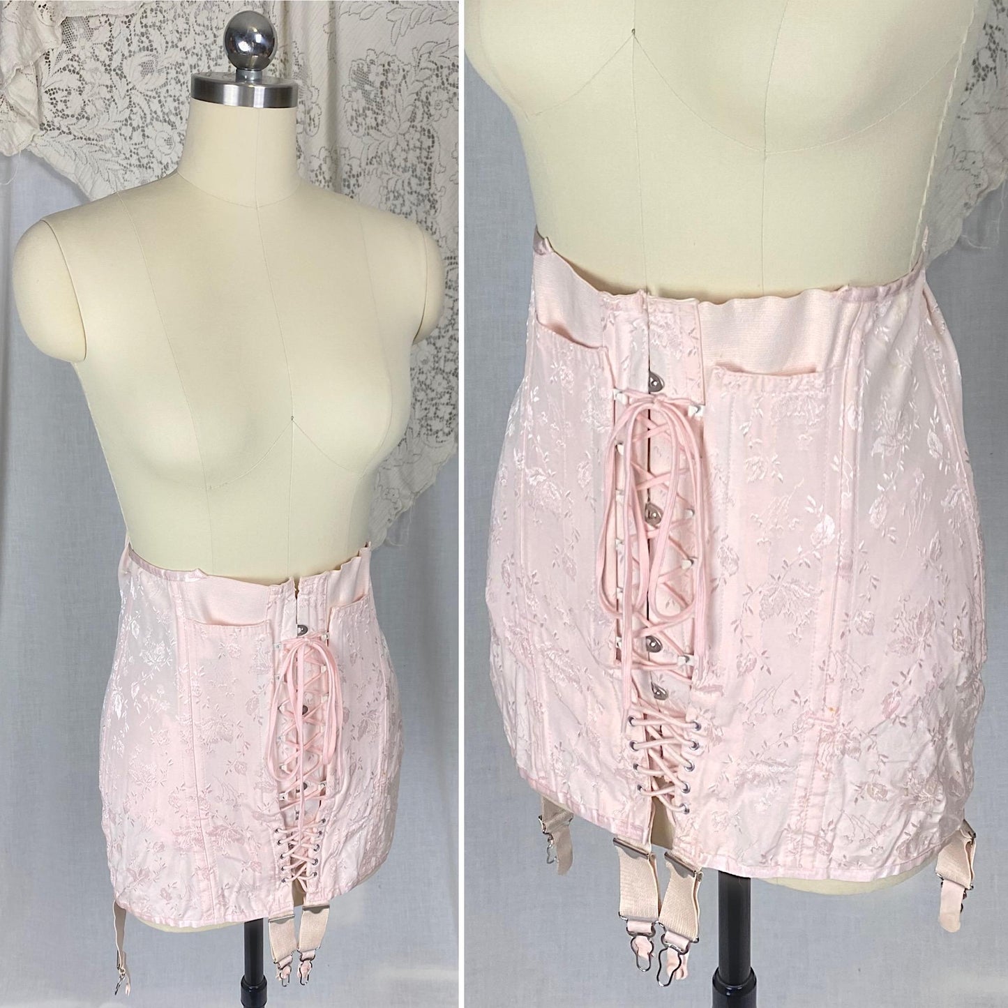 Vintage 1940's - 1950's Girdle | Bubblegum Pink Rayon Satin Damask with Corset Lacing & Garters | Size M, LG | P.N. Practical by Sarong
