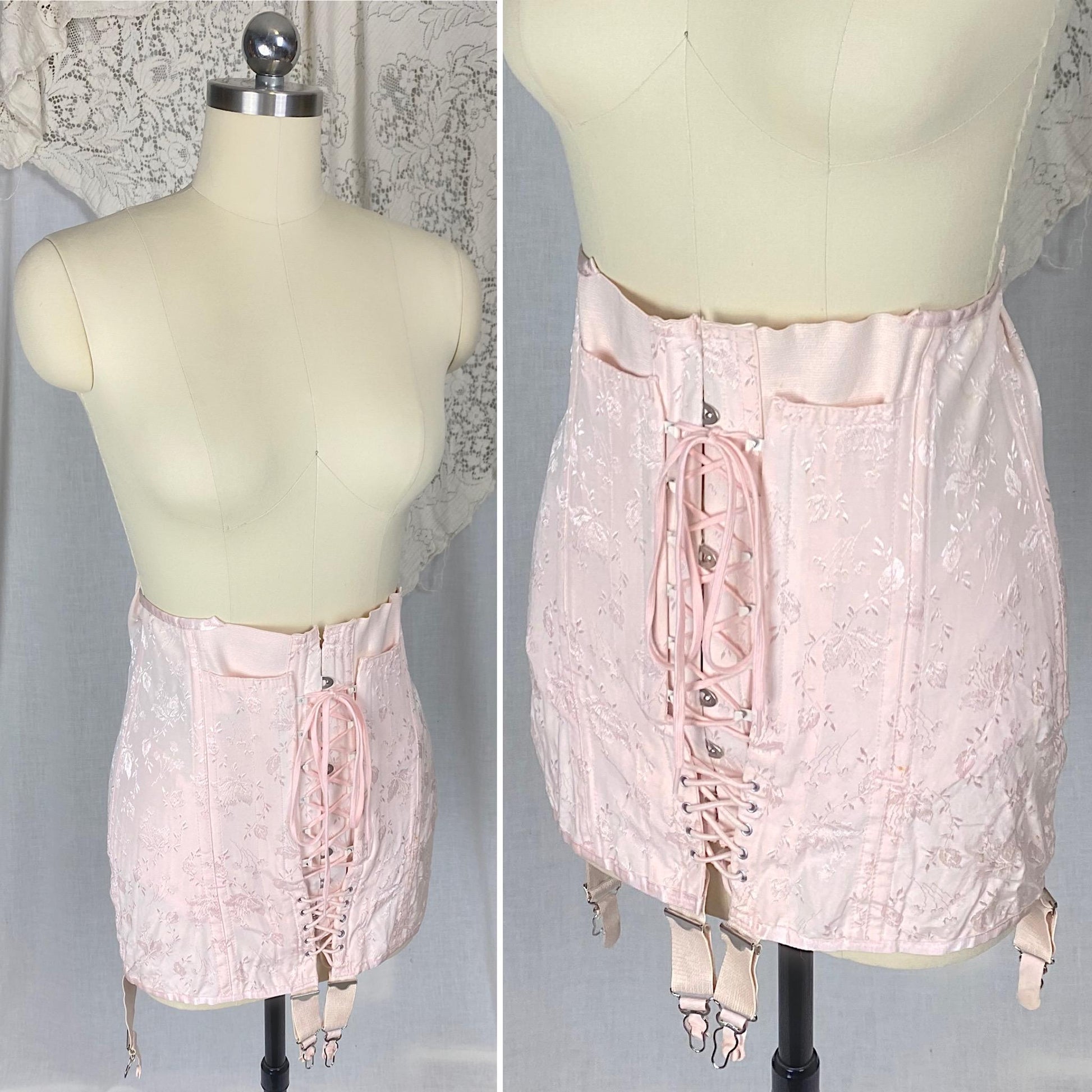 Vintage 1940's - 1950's Girdle | Bubblegum Pink Rayon Satin Damask with Corset Lacing & Garters | Size M, LG | P.N. Practical by Sarong