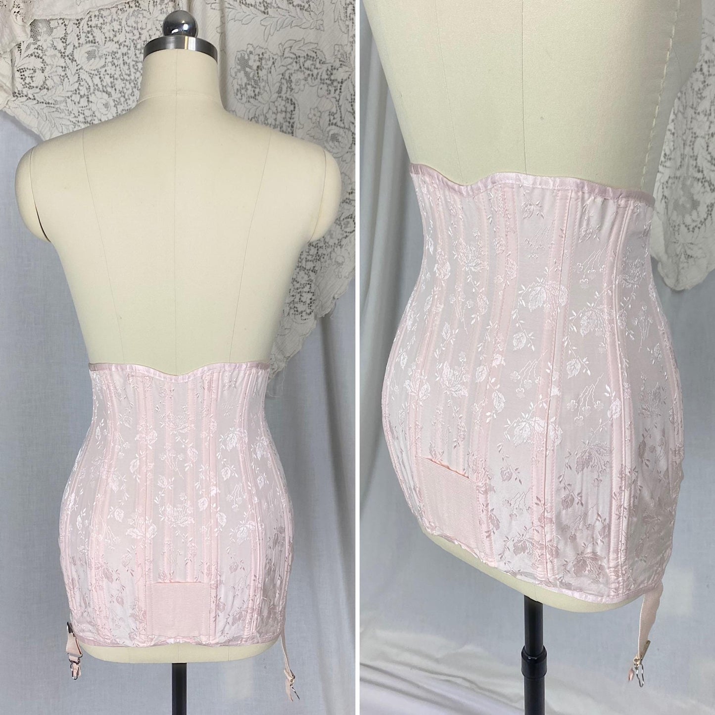 Vintage 1940's - 1950's Girdle | Bubblegum Pink Rayon Satin Damask with Corset Lacing & Garters | Size M, LG | P.N. Practical by Sarong