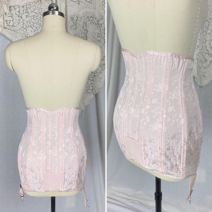 Vintage 1940's - 1950's Girdle | Bubblegum Pink Rayon Satin Damask with Corset Lacing & Garters | Size M, LG | P.N. Practical by Sarong