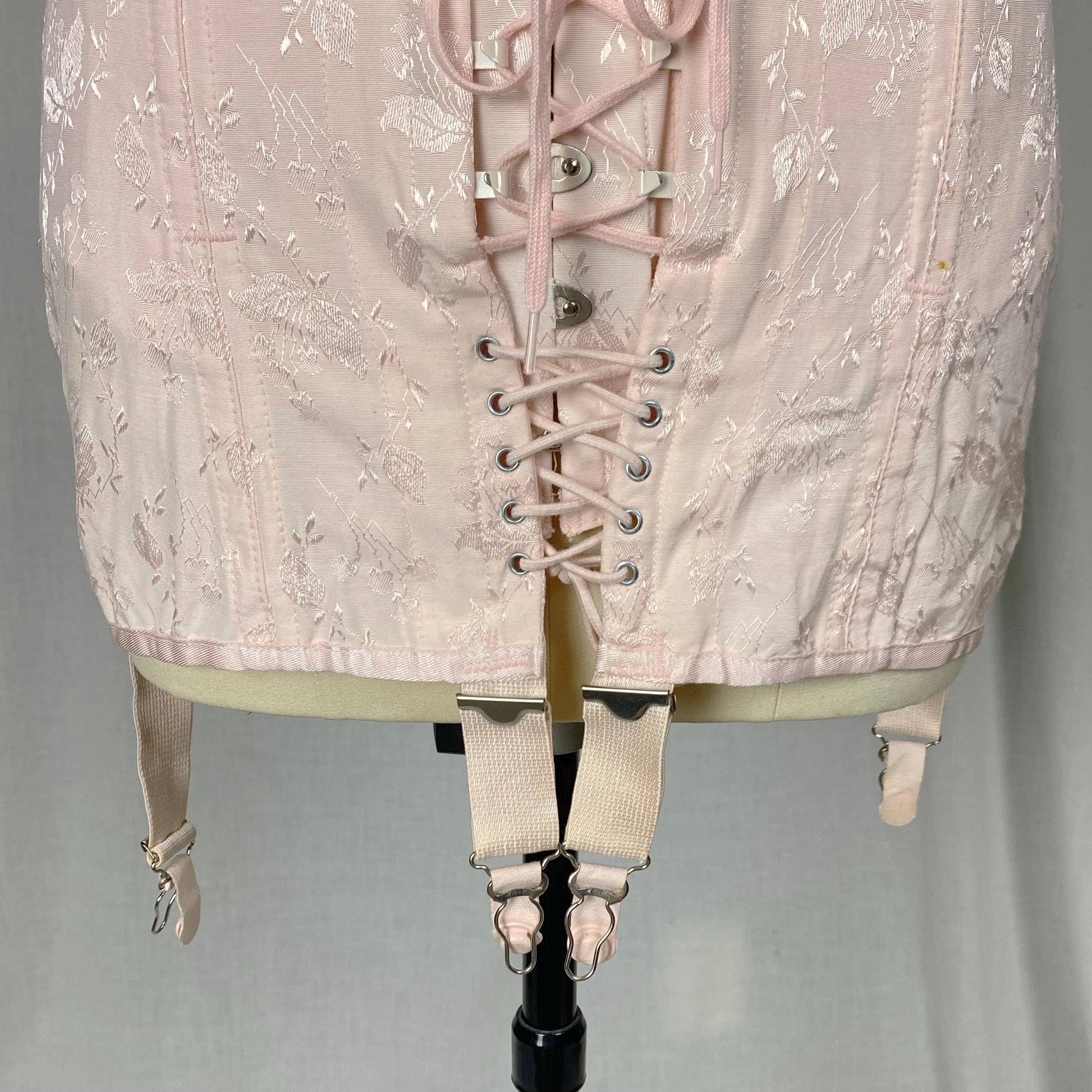 Vintage 1940's - 1950's Girdle | Bubblegum Pink Rayon Satin Damask with Corset Lacing & Garters | Size M, LG | P.N. Practical by Sarong