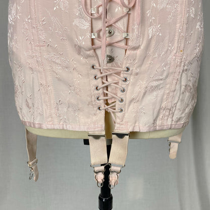 Vintage 1940's - 1950's Girdle | Bubblegum Pink Rayon Satin Damask with Corset Lacing & Garters | Size M, LG | P.N. Practical by Sarong