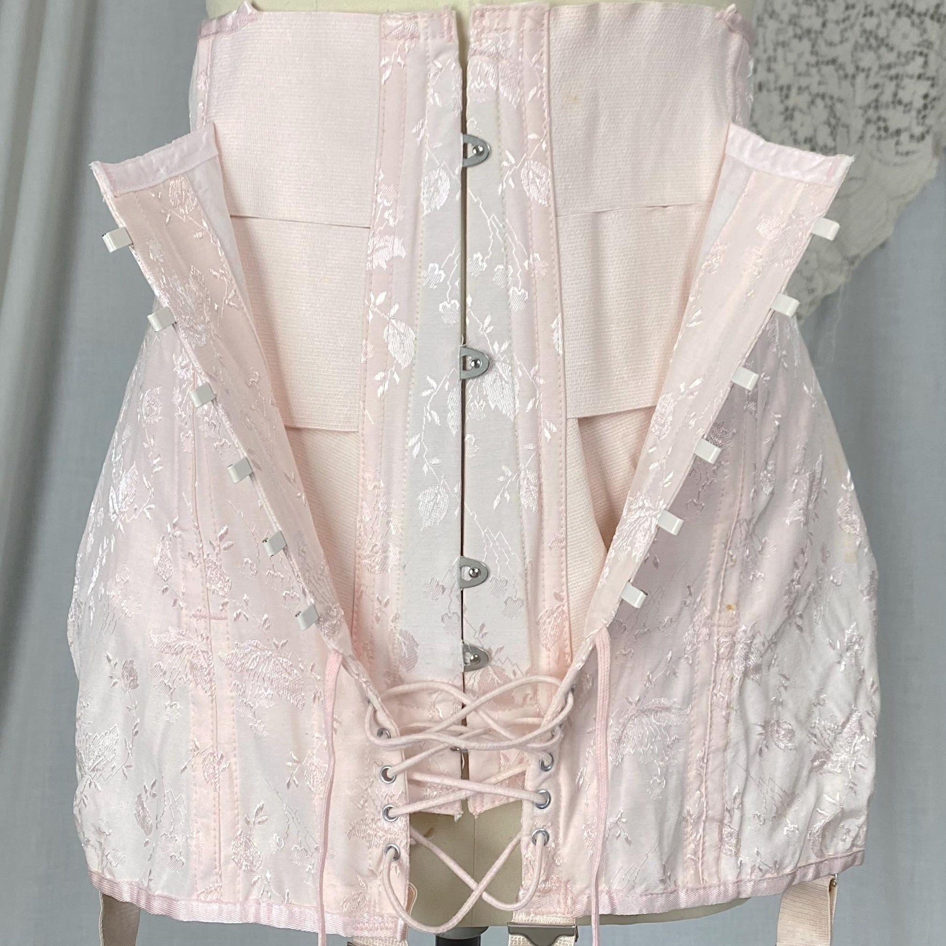 Vintage 1940's - 1950's Girdle | Bubblegum Pink Rayon Satin Damask with Corset Lacing & Garters | Size M, LG | P.N. Practical by Sarong