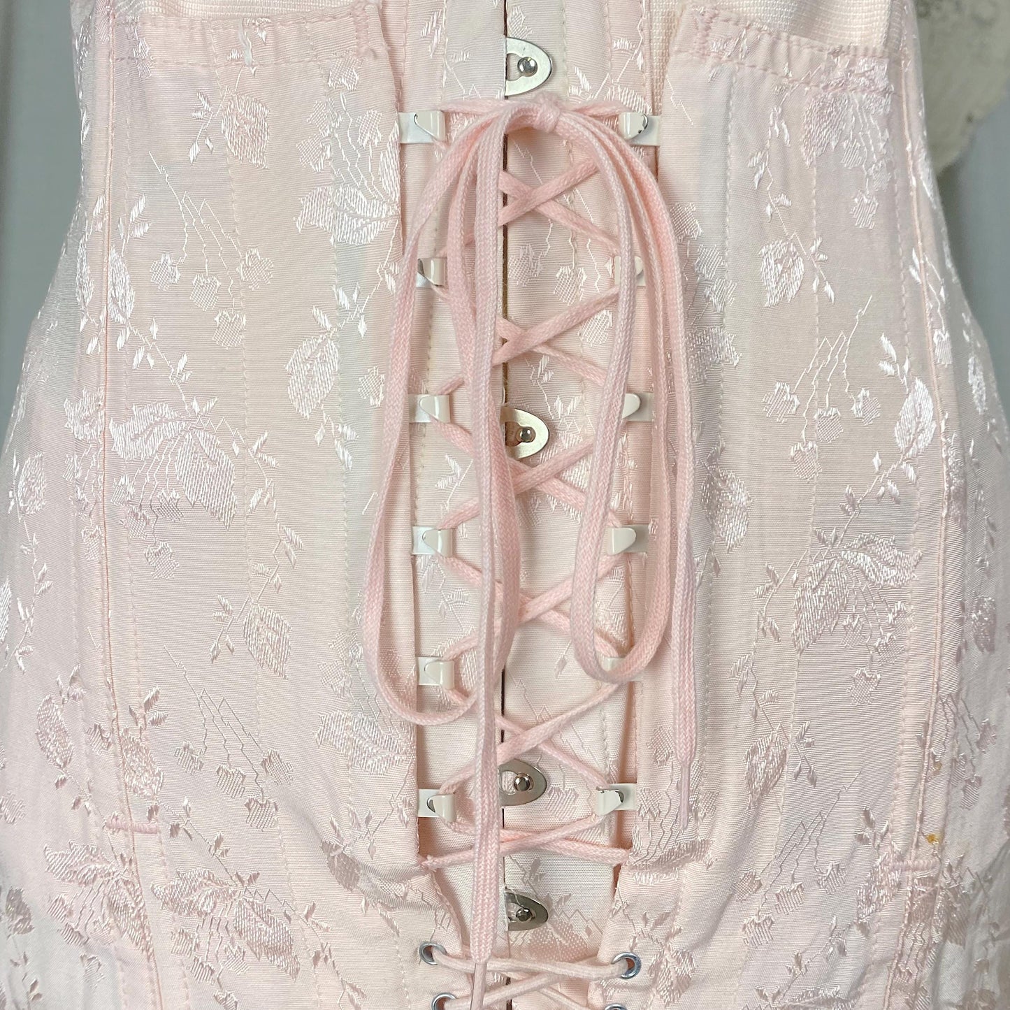Vintage 1940's - 1950's Girdle | Bubblegum Pink Rayon Satin Damask with Corset Lacing & Garters | Size M, LG | P.N. Practical by Sarong