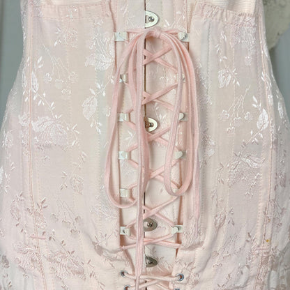 Vintage 1940's - 1950's Girdle | Bubblegum Pink Rayon Satin Damask with Corset Lacing & Garters | Size M, LG | P.N. Practical by Sarong