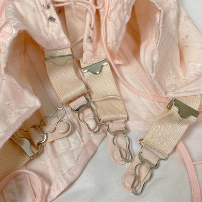 Vintage 1940's - 1950's Girdle | Bubblegum Pink Rayon Satin Damask with Corset Lacing & Garters | Size M, LG | P.N. Practical by Sarong
