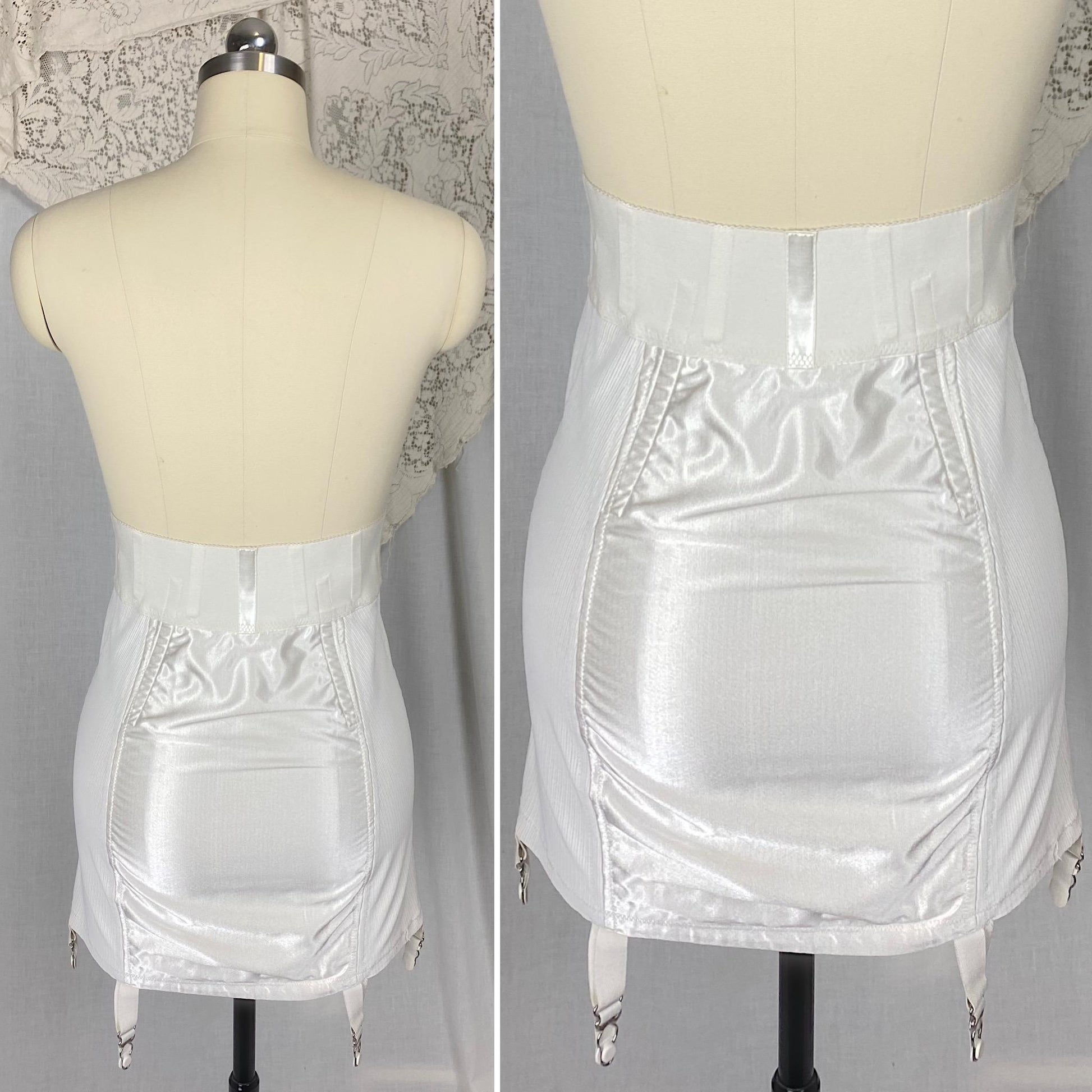 Vintage 1950's - 1960's Girdle | White Rayon Satin with Floral Embroidery & Garter Straps | Size M | Warners Le Gant
