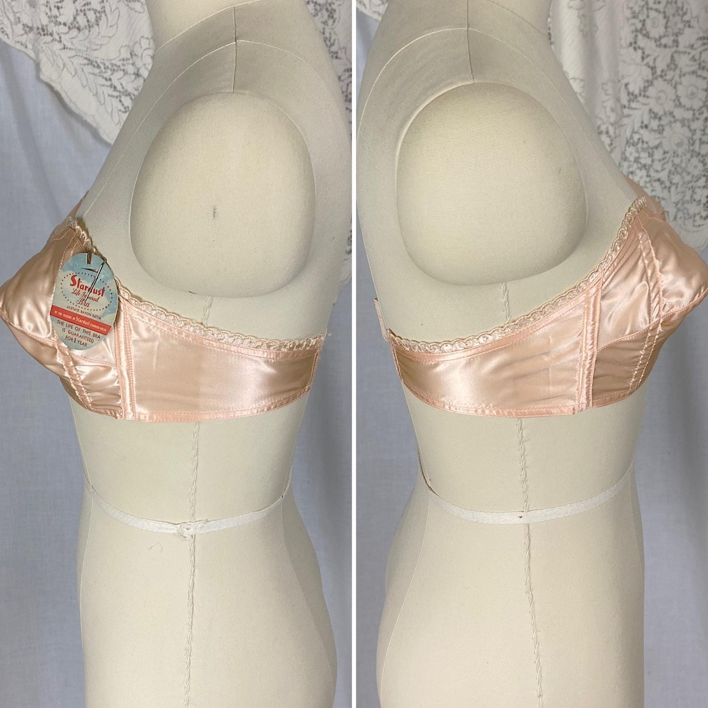 Vintage 1940's - 1950's Cathedral Bra | Peachy Pink Rayon Acetate Satin with Embroidered Scalloped Trim | Size XS | Stardust New with Tags