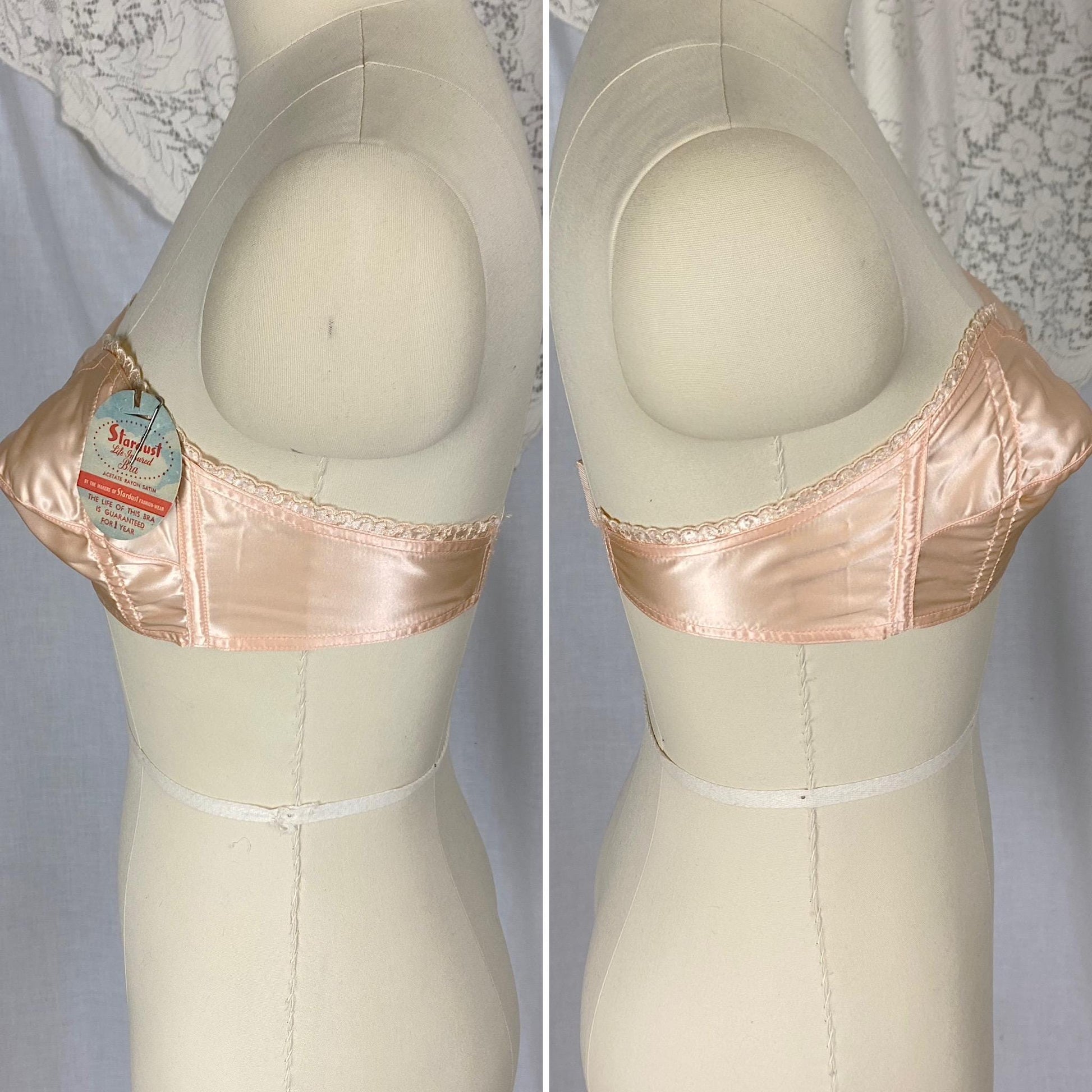 Vintage 1940's - 1950's Cathedral Bra | Peachy Pink Rayon Acetate Satin with Embroidered Scalloped Trim | Size XS | Stardust New with Tags