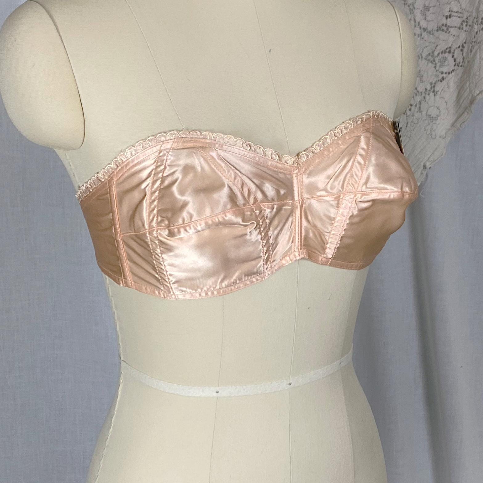 Vintage 1940's - 1950's Cathedral Bra | Peachy Pink Rayon Acetate Satin with Embroidered Scalloped Trim | Size XS | Stardust New with Tags