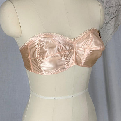 Vintage 1940's - 1950's Cathedral Bra | Peachy Pink Rayon Acetate Satin with Embroidered Scalloped Trim | Size XS | Stardust New with Tags