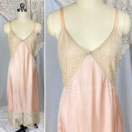 Vintage 1920's - 1930's Slip | Dusty Rose Pink Rayon Blend with Pale Nude Cotton Lace | Size S