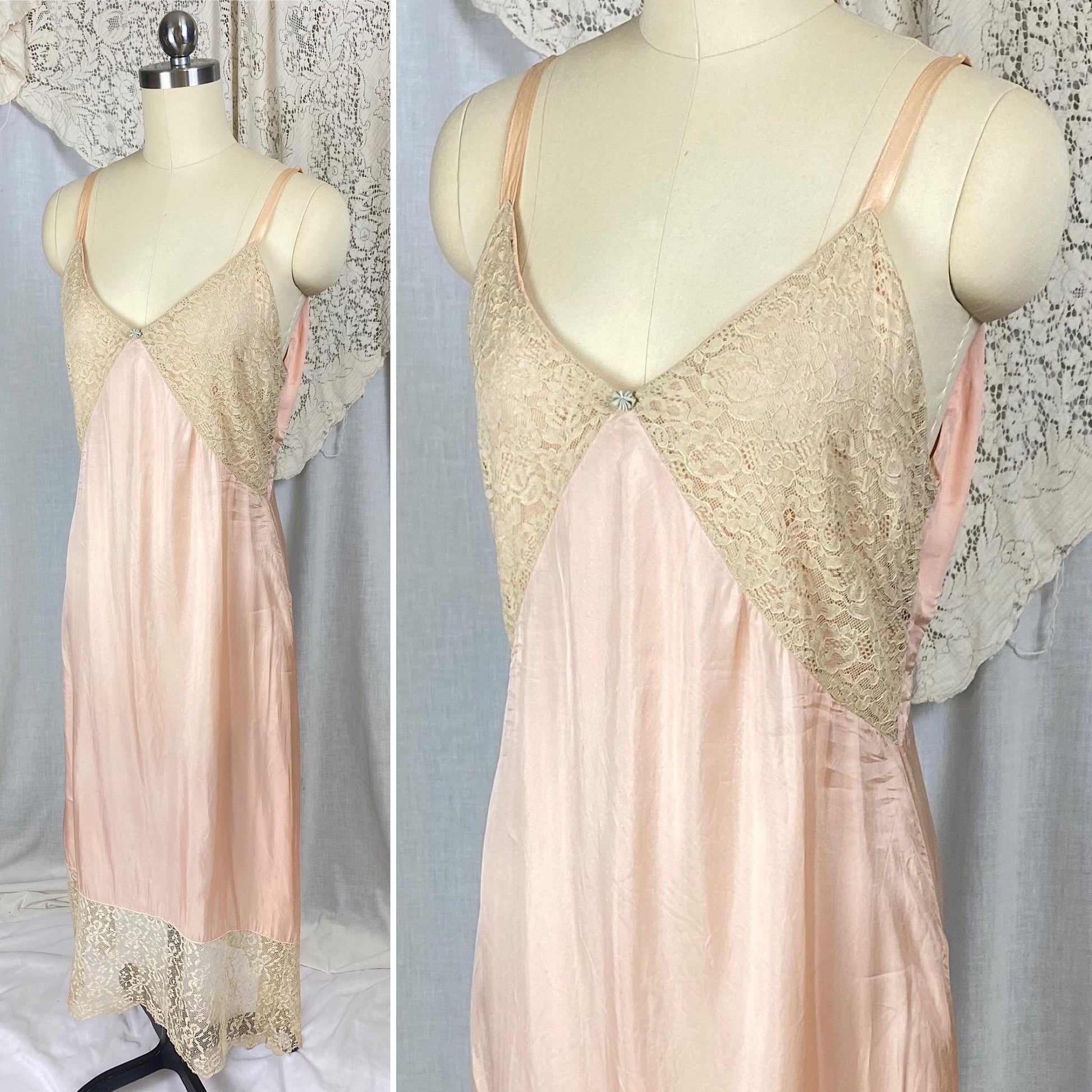 Vintage 1920's - 1930's Slip | Dusty Rose Pink Rayon Blend with Pale Nude Cotton Lace | Size S