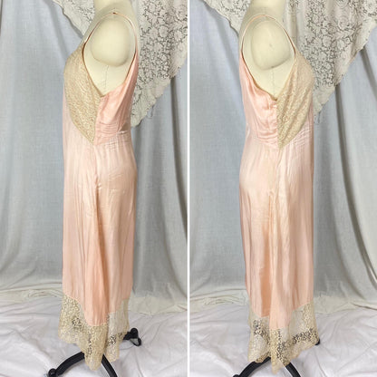 Vintage 1920's - 1930's Slip | Dusty Rose Pink Rayon Blend with Pale Nude Cotton Lace | Size S