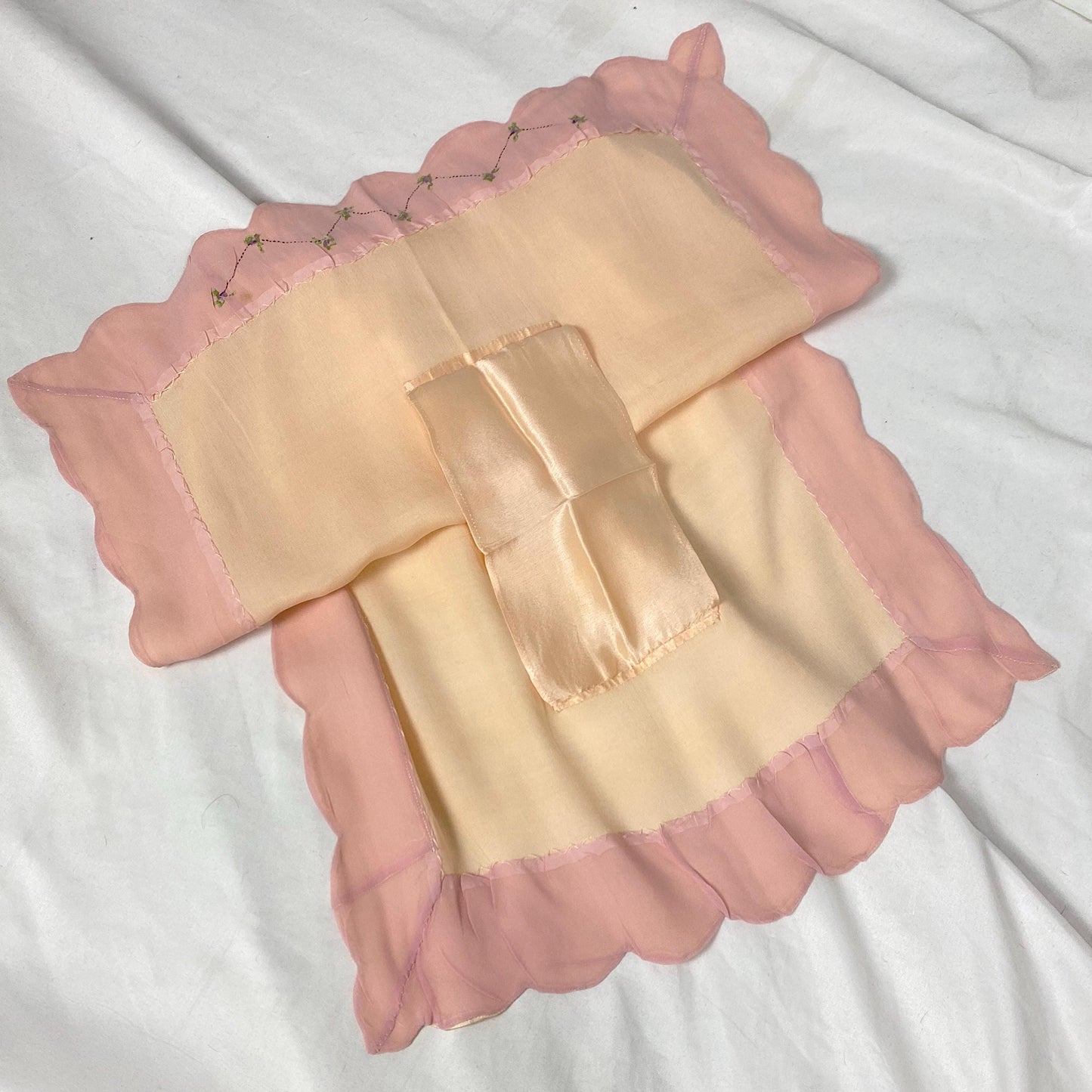 Vintage 1920's Tap Pants | Pale Peach Silk with Pink Chiffon Trim & Purple Embroidered Flowers | Size S