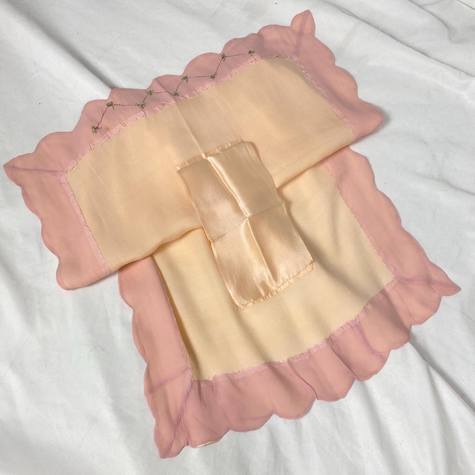Vintage 1920's Tap Pants | Pale Peach Silk with Pink Chiffon Trim & Purple Embroidered Flowers | Size S
