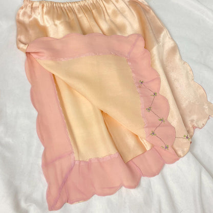 Vintage 1920's Tap Pants | Pale Peach Silk with Pink Chiffon Trim & Purple Embroidered Flowers | Size S