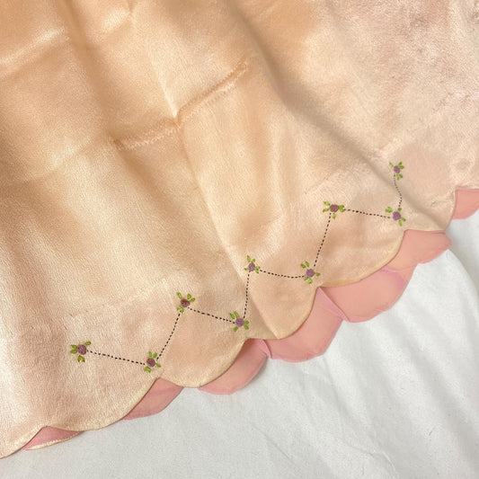 Vintage 1920's Tap Pants | Pale Peach Silk with Pink Chiffon Trim & Purple Embroidered Flowers | Size S