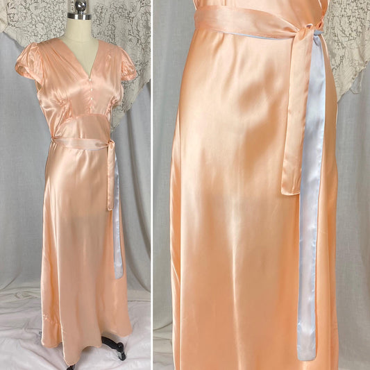 Vintage 1940's Nightgown | Rich Peach Rayon Satin with Blue Contrast Sash | Size M | Never Worn