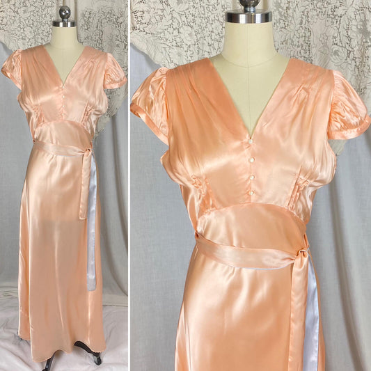 Vintage 1940's Nightgown | Rich Peach Rayon Satin with Blue Contrast Sash | Size M | Never Worn