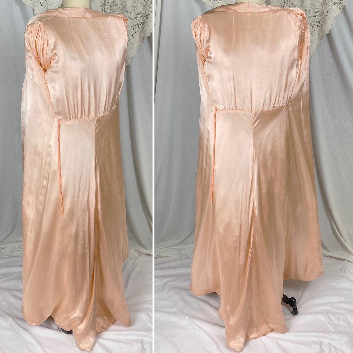 Vintage 1940's Robe | Quilted Floral Print Peachy Pink Rayon Satin with Darted Shoulders & Bell Sleeves | Size XS, S