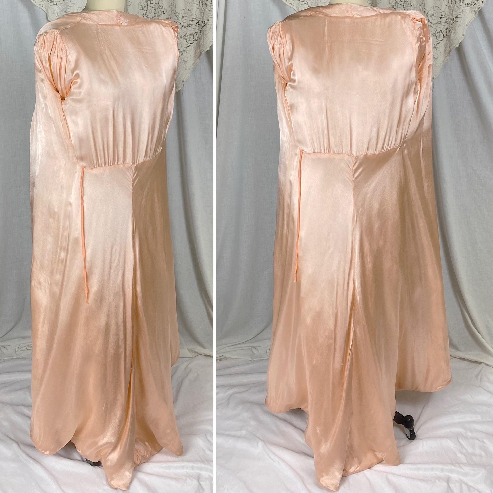 Vintage 1940's Robe | Quilted Floral Print Peachy Pink Rayon Satin with Darted Shoulders & Bell Sleeves | Size XS, S