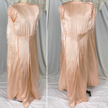 Vintage 1940's Robe | Quilted Floral Print Peachy Pink Rayon Satin with Darted Shoulders & Bell Sleeves | Size XS, S